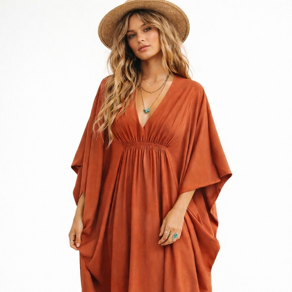 Unbranded Dresses & Skirts - 1970s Vintage Orange Rust Chic Montecito Miramar Beach Caftan Maxi Dress #49